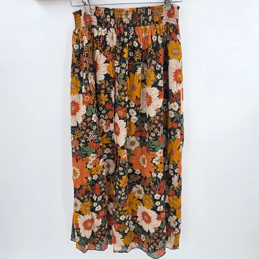 Natural Life Floral Smocked Waist Cotton Maxi Skirt Boho Orange L/XL